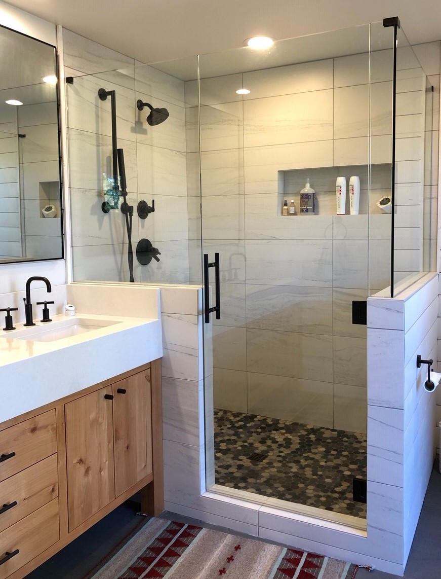 90-degree glass shower door enclosure installation in Bend, Oregon