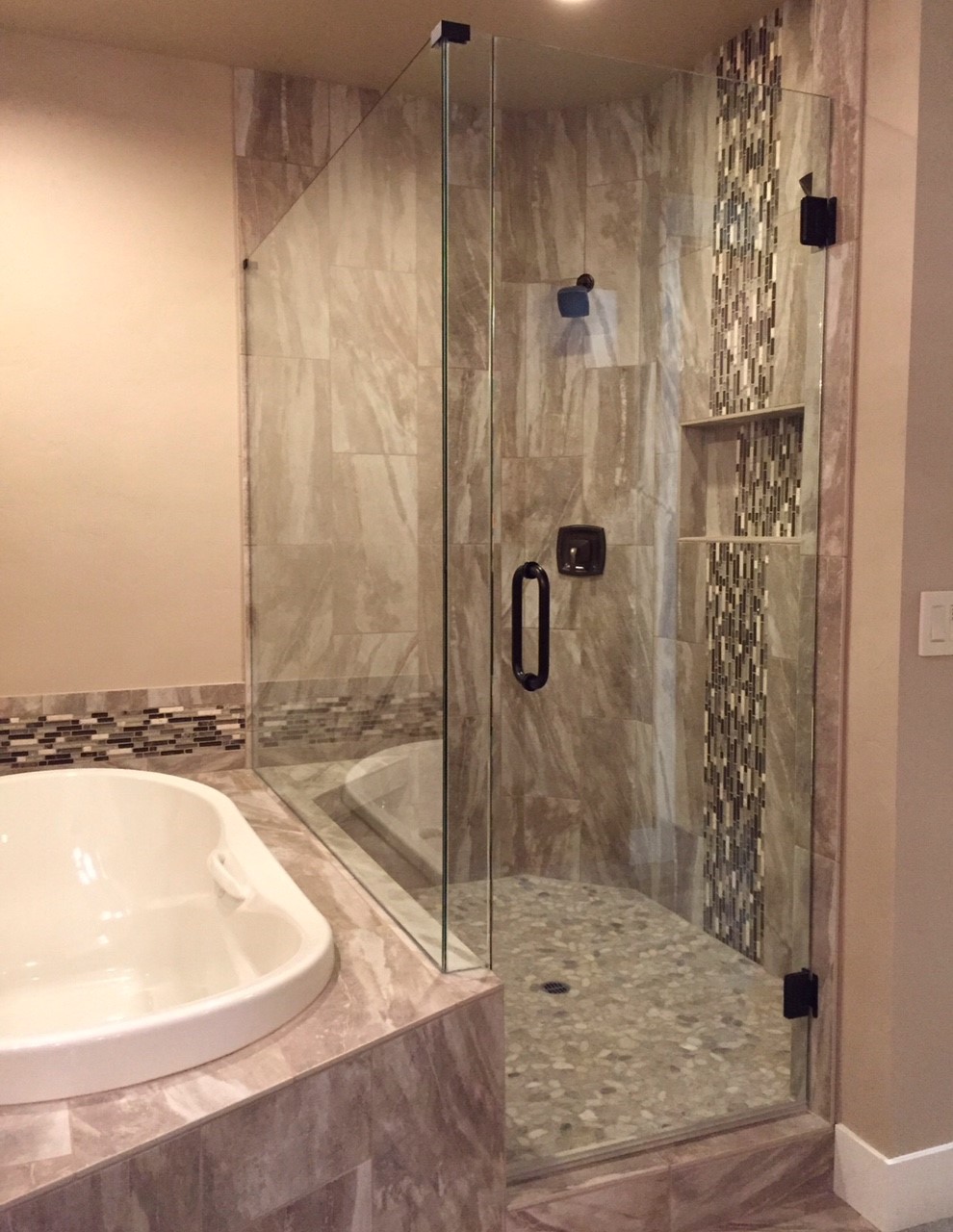 frameless glass tub deck shower door with 90 degree angle