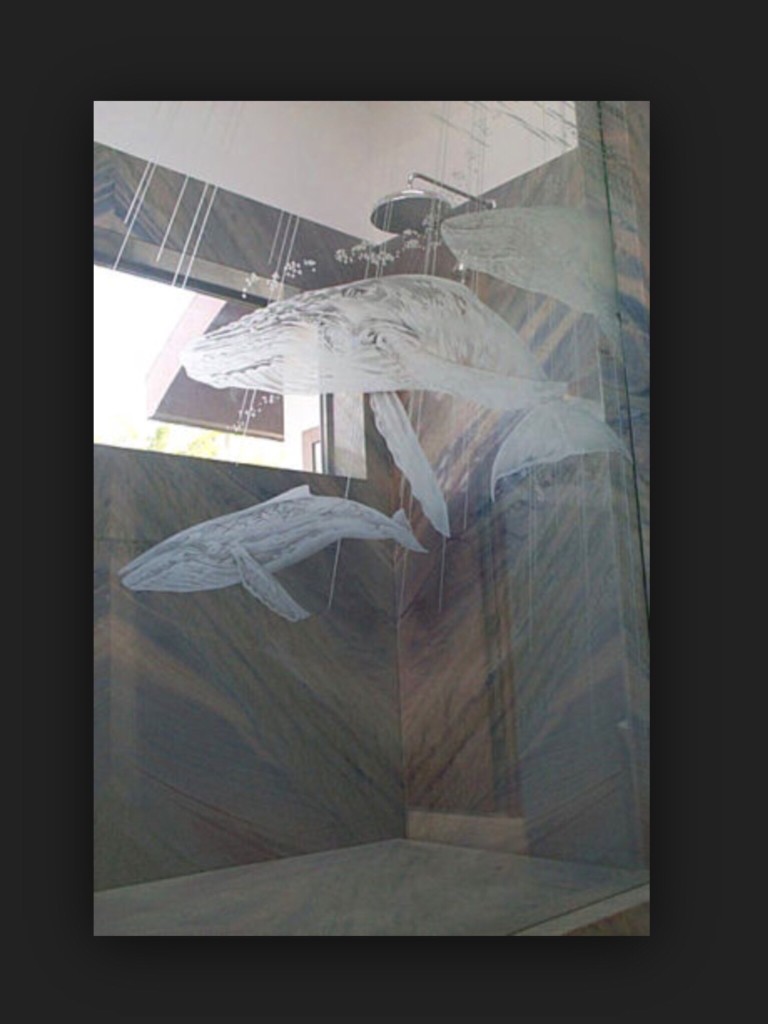 Whale etched shower glass door installed Bend Oregon
